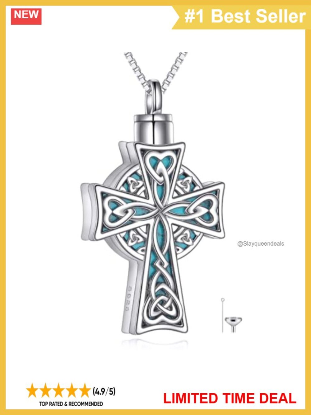 Sterling Silver Celtic Knot Cross Urn Necklace Turquoise Cremation Jewelry